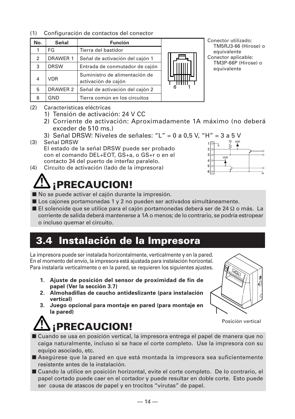 4 instalación de la impresora, Precaucion | CITIZEN CT-S4000DC User Manual | Page 121 / 136