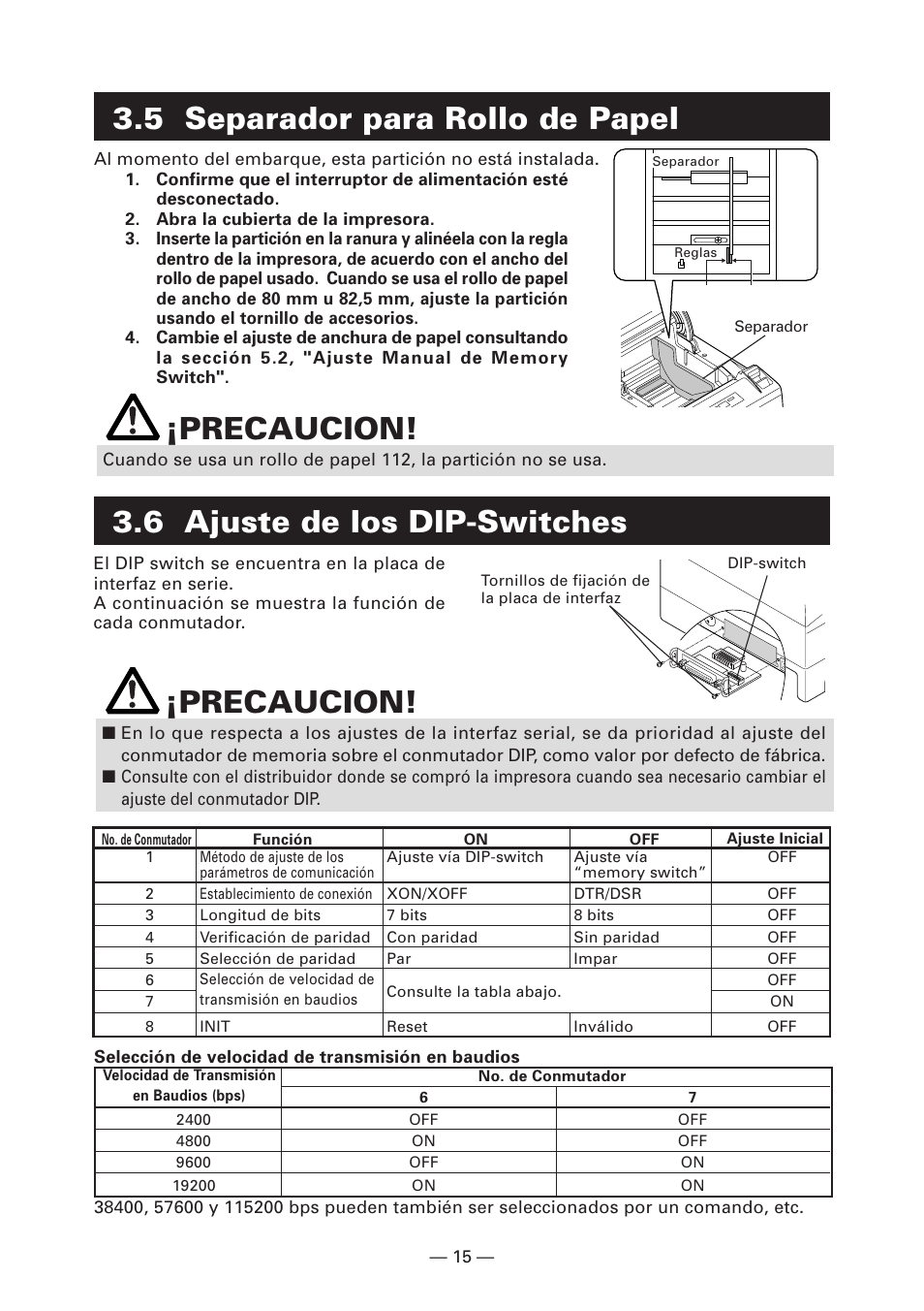 5 separador para rollo de papel, 6 ajuste de los dip-switches, 6 ajuste de los dip-switches ¡precaucion | Precaucion | CITIZEN CT-S4000DC User Manual | Page 122 / 136