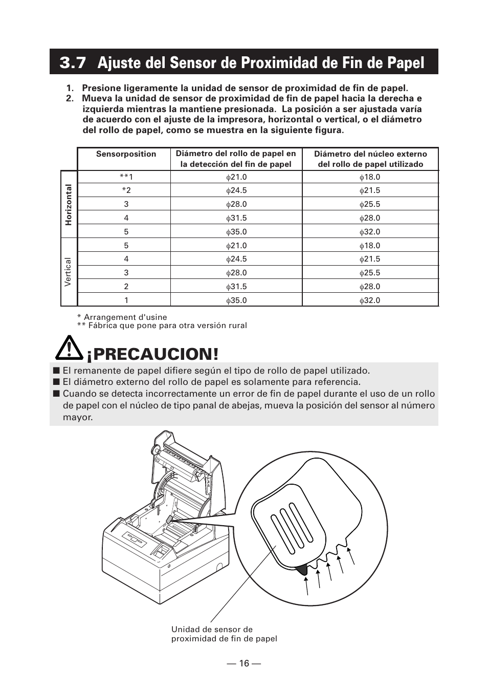 7 ajuste del sensor de proximidad de fin de papel, Precaucion | CITIZEN CT-S4000DC User Manual | Page 123 / 136