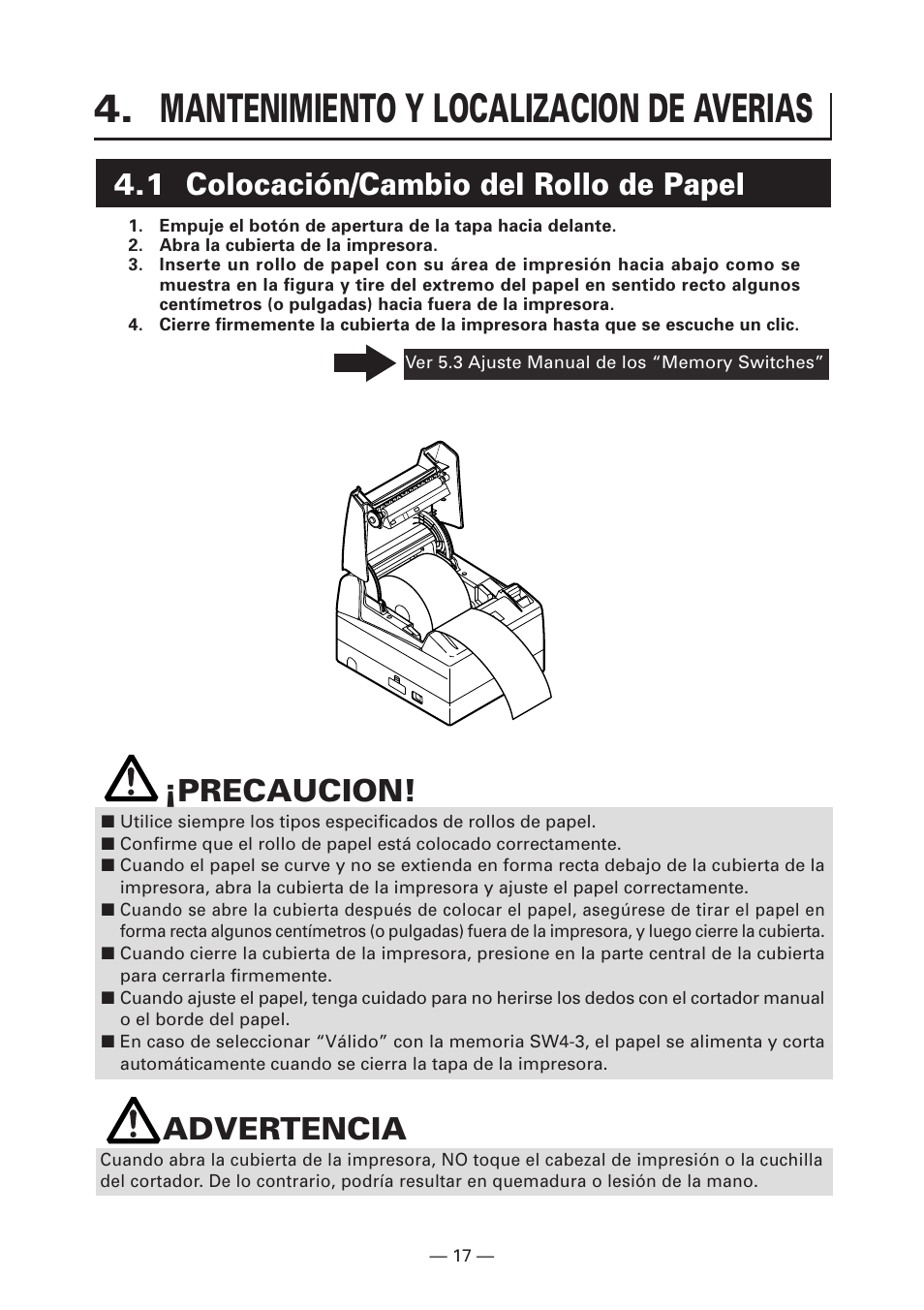 Mantenimiento y localizacion de averias, 1 colocación/cambio del rollo de papel, Precaucion | Advertencia | CITIZEN CT-S4000DC User Manual | Page 124 / 136