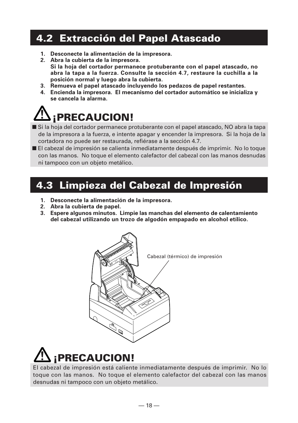 2 extracción del papel atascado, 3 limpieza del cabezal de impresión, Precaucion | 3 limpieza del cabezal de impresión ¡precaucion | CITIZEN CT-S4000DC User Manual | Page 125 / 136