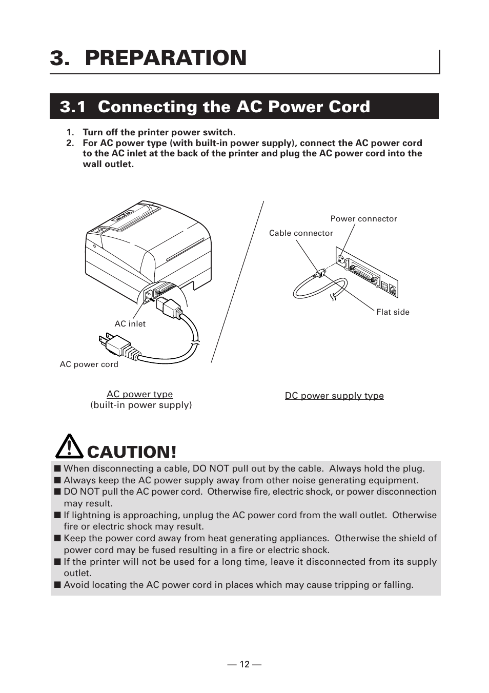 Preparation, 1 connecting the ac power cord, Caution | CITIZEN CT-S4000DC User Manual | Page 15 / 136