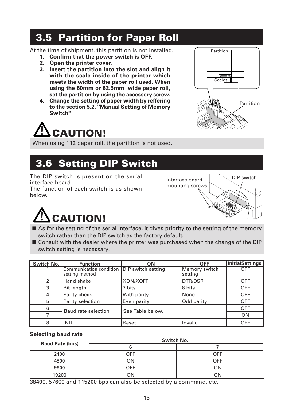 5 partition for paper roll, 6 setting dip switch, 6 setting dip switch caution | Caution | CITIZEN CT-S4000DC User Manual | Page 18 / 136