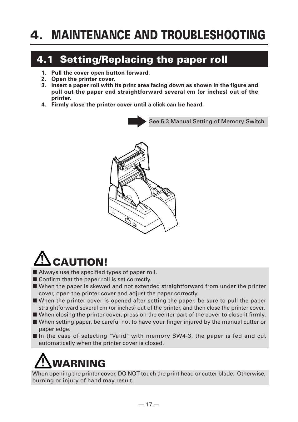 Maintenance and troubleshooting, 1 setting/replacing the paper roll, Caution | Warning | CITIZEN CT-S4000DC User Manual | Page 20 / 136