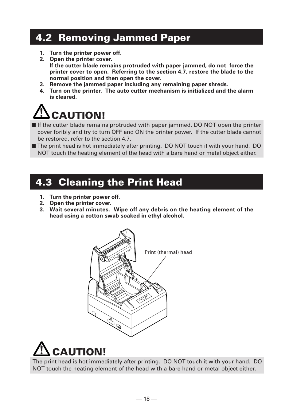 2 removing jammed paper, 3 cleaning the print head, Caution | 3 cleaning the print head caution | CITIZEN CT-S4000DC User Manual | Page 21 / 136