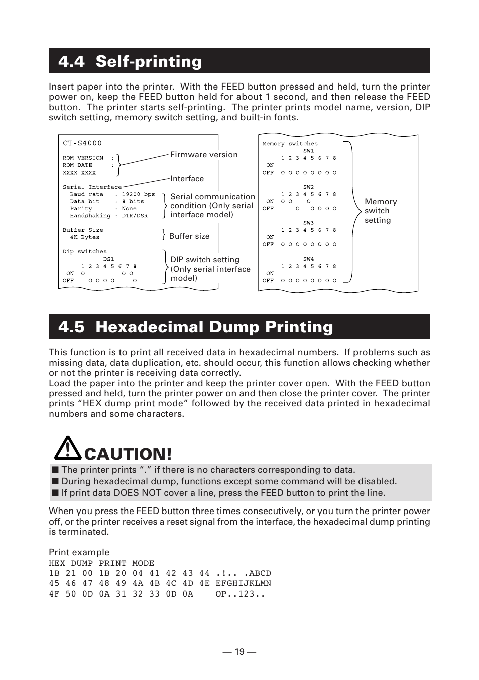 4 self-printing, 5 hexadecimal dump printing, Caution | CITIZEN CT-S4000DC User Manual | Page 22 / 136