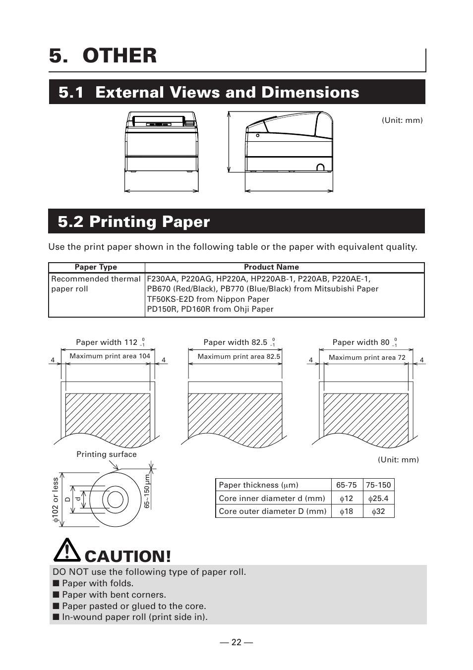 Other, 1 external views and dimensions, 2 printing paper | 1 external views and dimensions caution | CITIZEN CT-S4000DC User Manual | Page 25 / 136