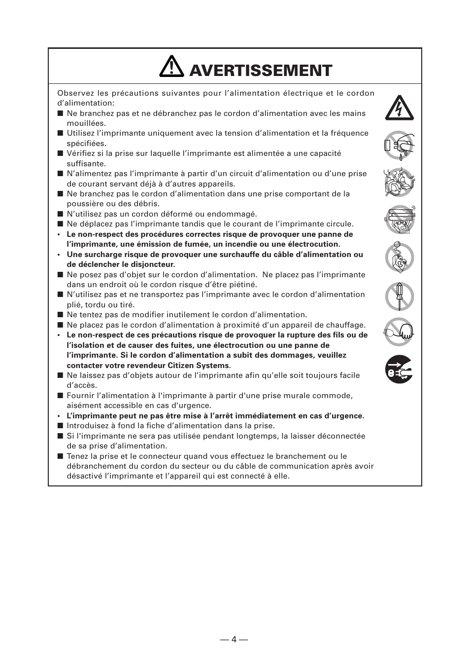 Avertissement | CITIZEN CT-S4000DC User Manual | Page 33 / 136