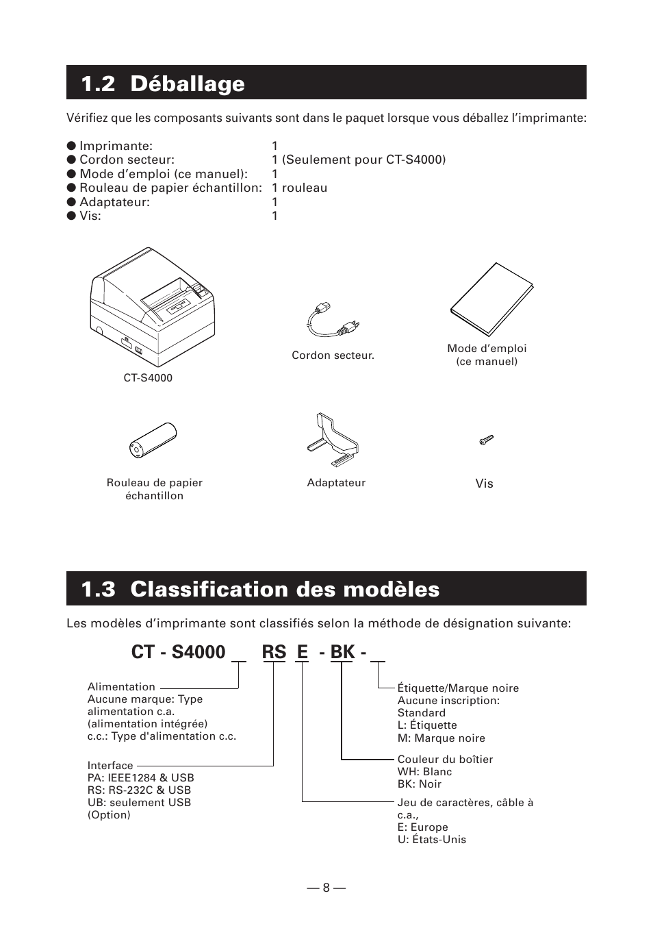 2 déballage, 3 classification des modèles, Ct - s4000 rs e - bk | CITIZEN CT-S4000DC User Manual | Page 37 / 136