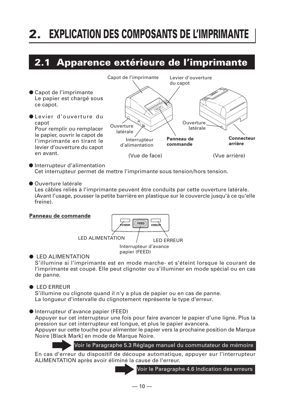Explication des composants de l’imprimante, 1 apparence extérieure de l’imprimante | CITIZEN CT-S4000DC User Manual | Page 39 / 136