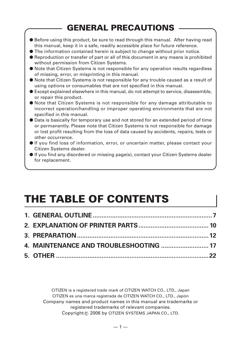 General precautions, The table of contents | CITIZEN CT-S4000DC User Manual | Page 4 / 136