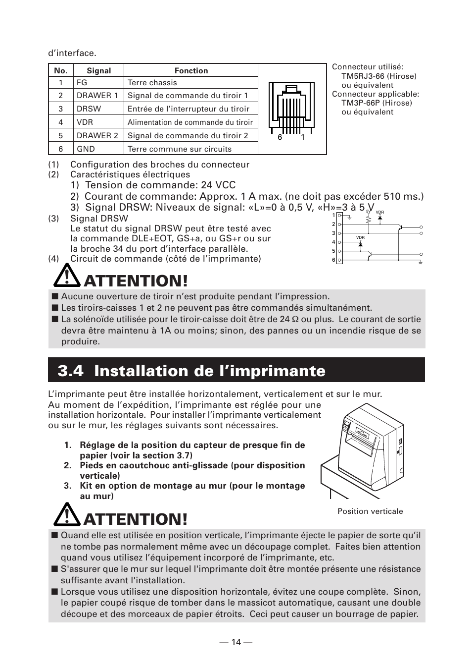 4 installation de l’imprimante, Attention | CITIZEN CT-S4000DC User Manual | Page 43 / 136