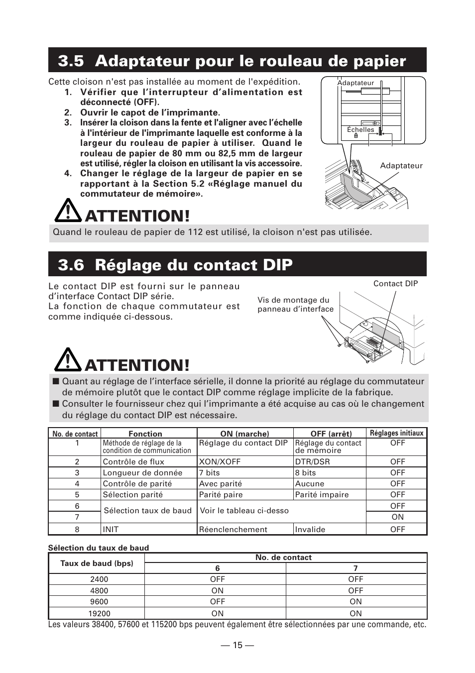5 adaptateur pour le rouleau de papier, 6 réglage du contact dip, 6 réglage du contact dip attention | Attention | CITIZEN CT-S4000DC User Manual | Page 44 / 136