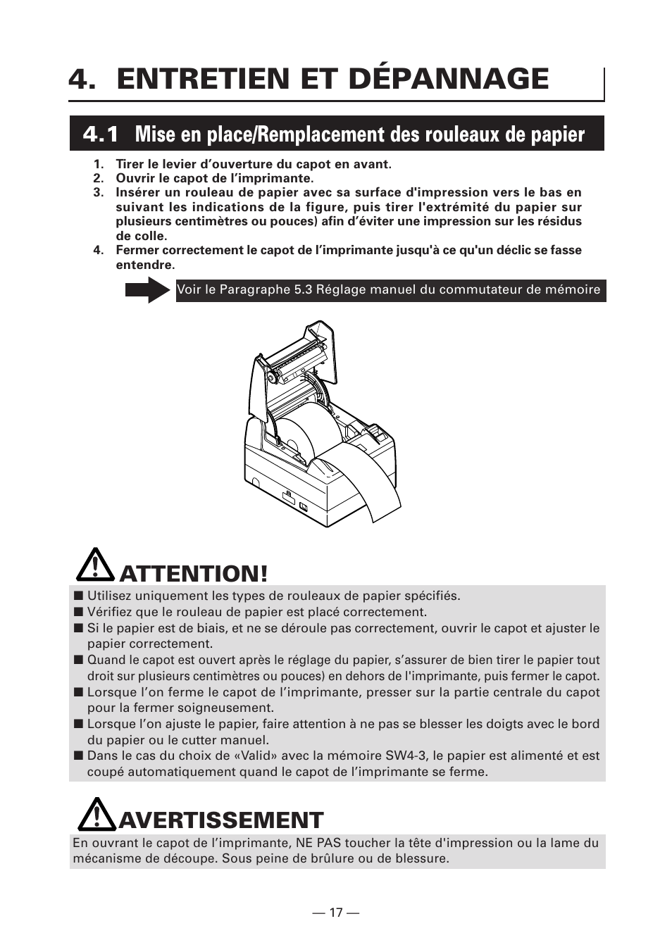 Entretien et dépannage, Attention, Avertissement | CITIZEN CT-S4000DC User Manual | Page 46 / 136