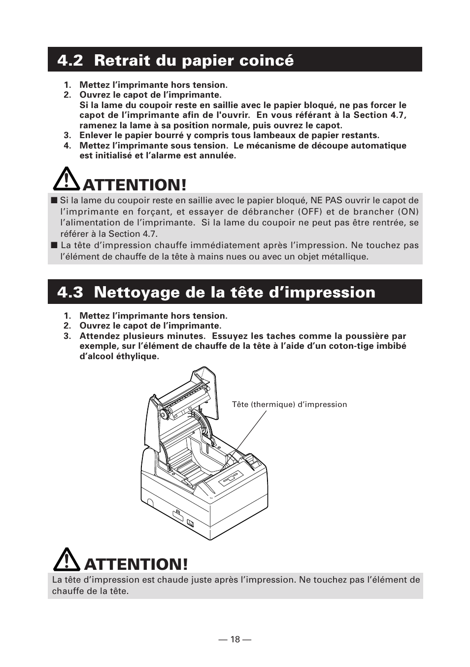 2 retrait du papier coincé, 3 nettoyage de la tête d’impression, Attention | 3 nettoyage de la tête d’impression attention | CITIZEN CT-S4000DC User Manual | Page 47 / 136