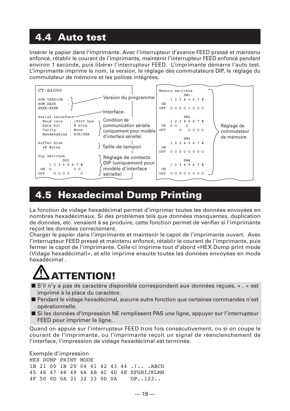 4 auto test, 5 hexadecimal dump printing, Attention | CITIZEN CT-S4000DC User Manual | Page 48 / 136