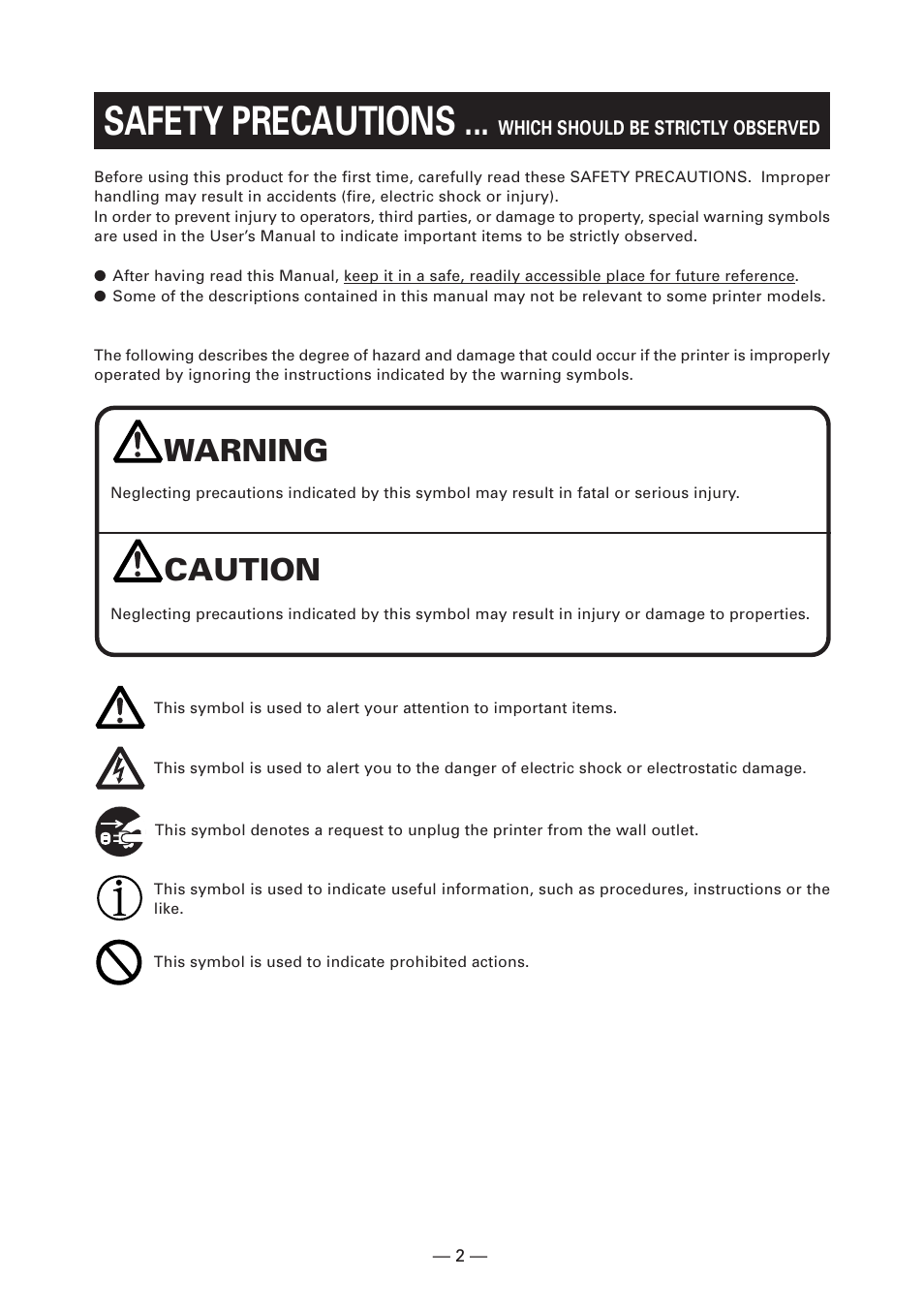 Safety precautions, Warning, Caution | CITIZEN CT-S4000DC User Manual | Page 5 / 136