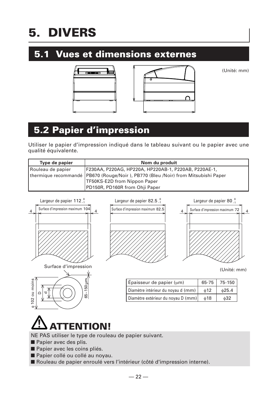 Divers, 1 vues et dimensions externes, 2 papier d’impression | 1 vues et dimensions externes attention | CITIZEN CT-S4000DC User Manual | Page 51 / 136