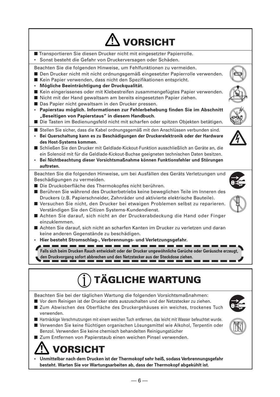 Vorsicht, Tägliche wartung vorsicht | CITIZEN CT-S4000DC User Manual | Page 61 / 136