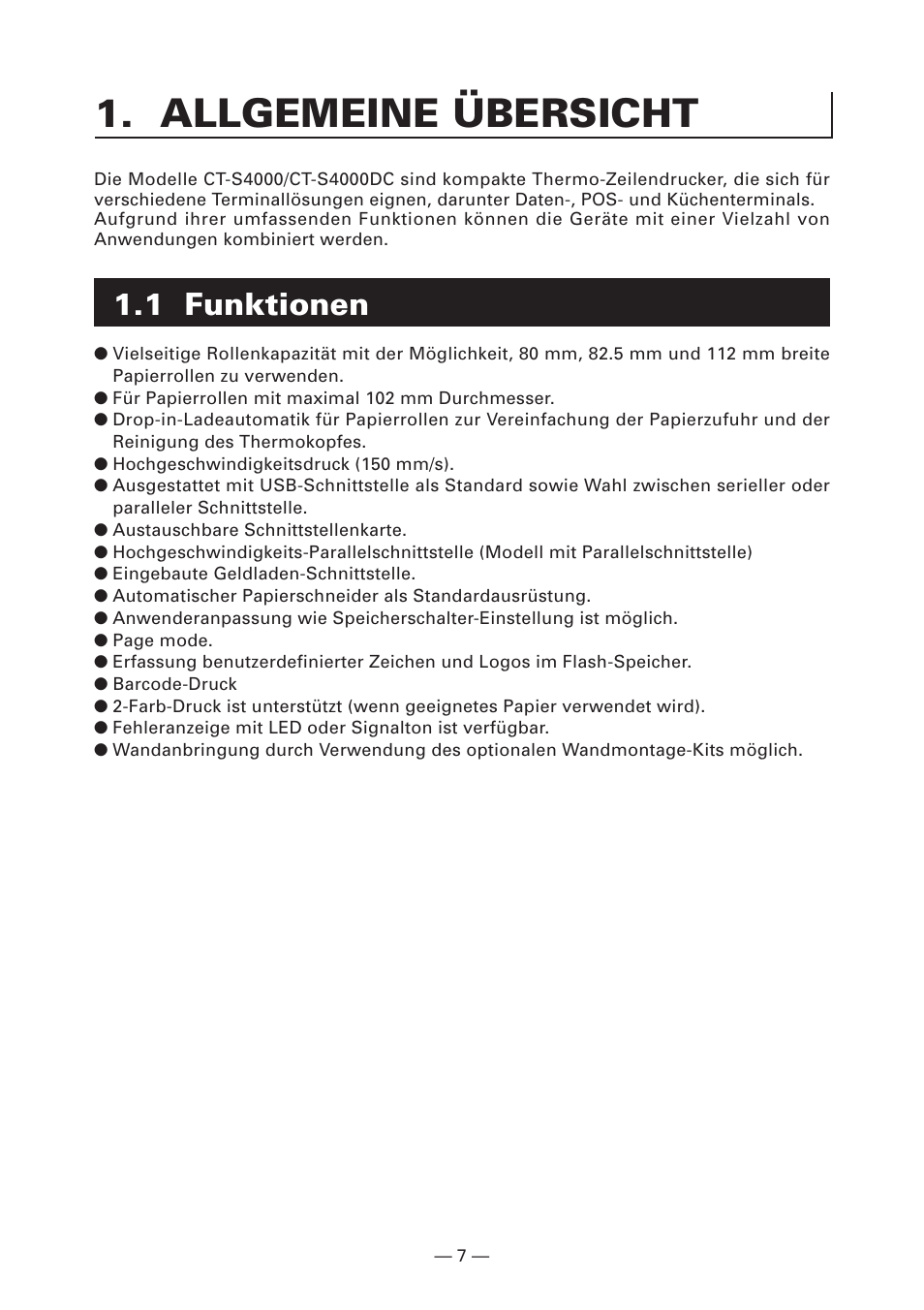 Allgemeine übersicht, 1 funktionen | CITIZEN CT-S4000DC User Manual | Page 62 / 136