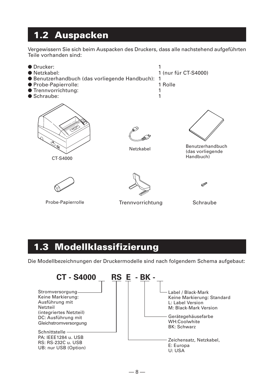 2 auspacken, 3 modellklassifizierung, Ct - s4000 rs e - bk | CITIZEN CT-S4000DC User Manual | Page 63 / 136