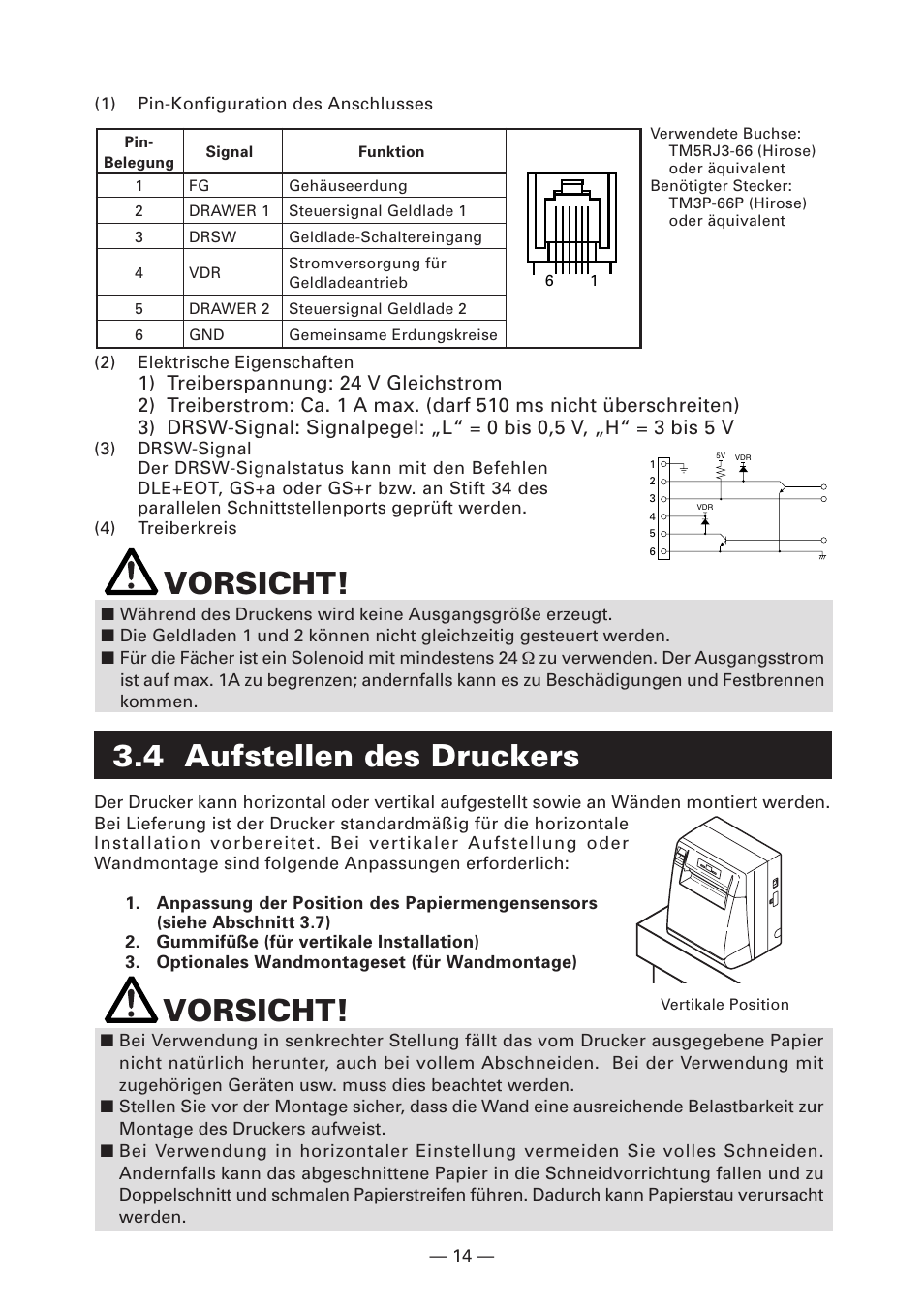 4 aufstellen des druckers, Vorsicht | CITIZEN CT-S4000DC User Manual | Page 69 / 136