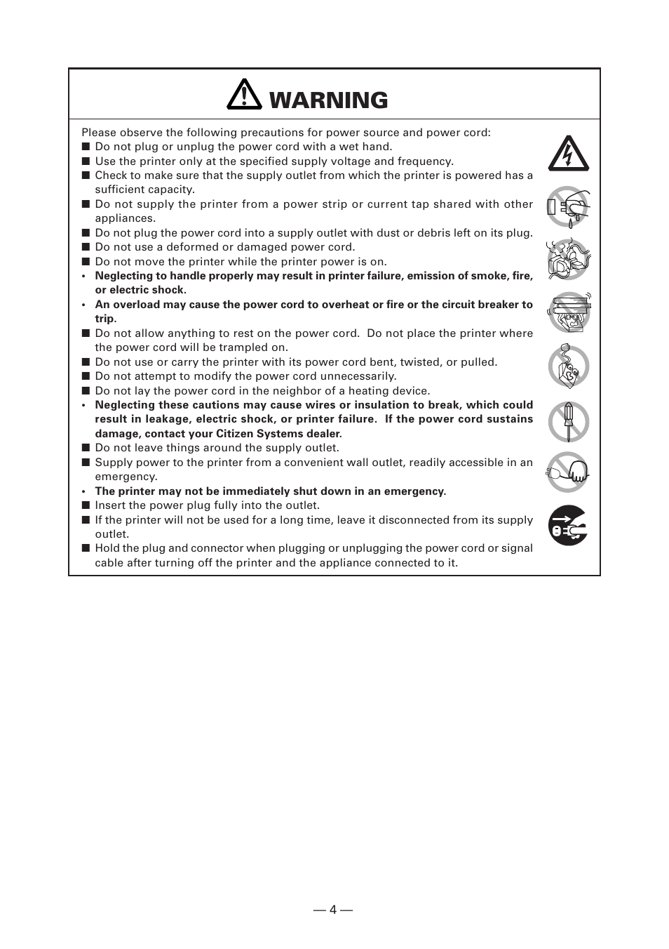 Warning | CITIZEN CT-S4000DC User Manual | Page 7 / 136