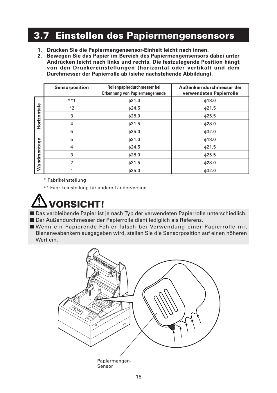 7 einstellen des papiermengensensors, Vorsicht | CITIZEN CT-S4000DC User Manual | Page 71 / 136
