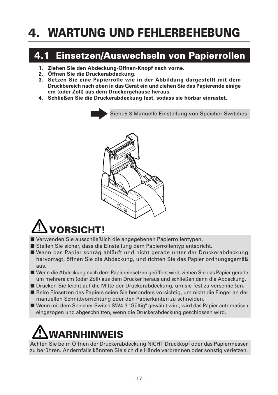 Wartung und fehlerbehebung, 1 einsetzen/auswechseln von papierrollen, Vorsicht | Warnhinweis | CITIZEN CT-S4000DC User Manual | Page 72 / 136