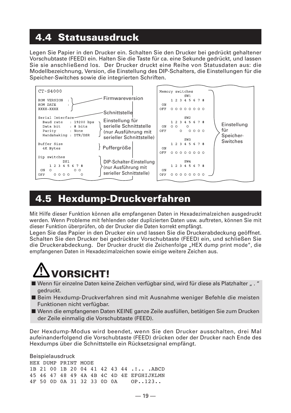 4 statusausdruck, 5 hexdump-druckverfahren, Vorsicht | CITIZEN CT-S4000DC User Manual | Page 74 / 136