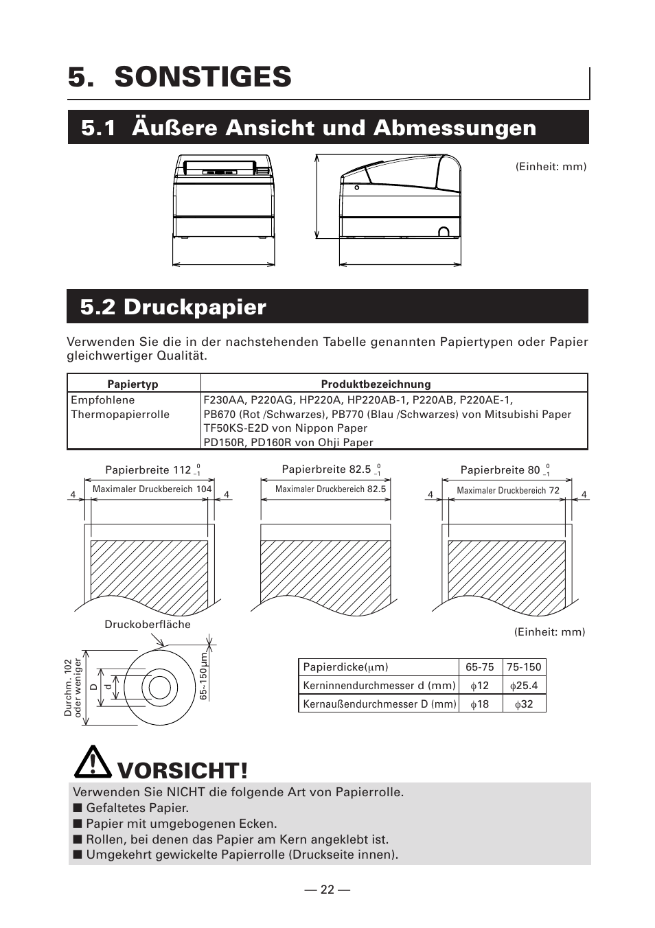 Sonstiges, 1 äußere ansicht und abmessungen, 2 druckpapier | 1 äußere ansicht und abmessungen vorsicht | CITIZEN CT-S4000DC User Manual | Page 77 / 136