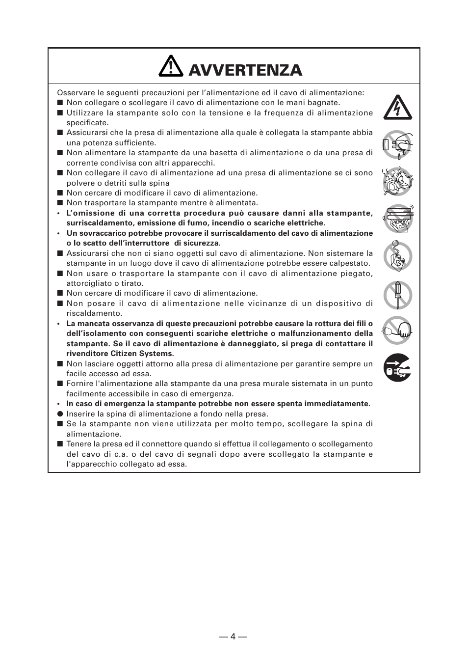 Avvertenza | CITIZEN CT-S4000DC User Manual | Page 85 / 136