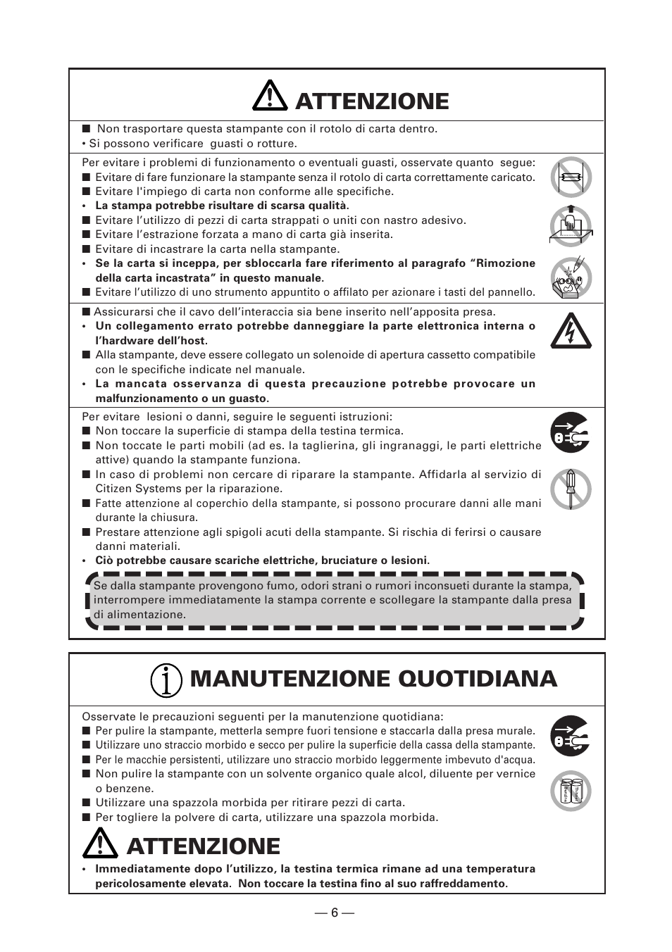 Attenzione, Manutenzione quotidiana attenzione | CITIZEN CT-S4000DC User Manual | Page 87 / 136