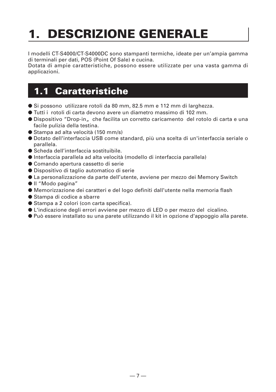 Descrizione generale, 1 caratteristiche | CITIZEN CT-S4000DC User Manual | Page 88 / 136