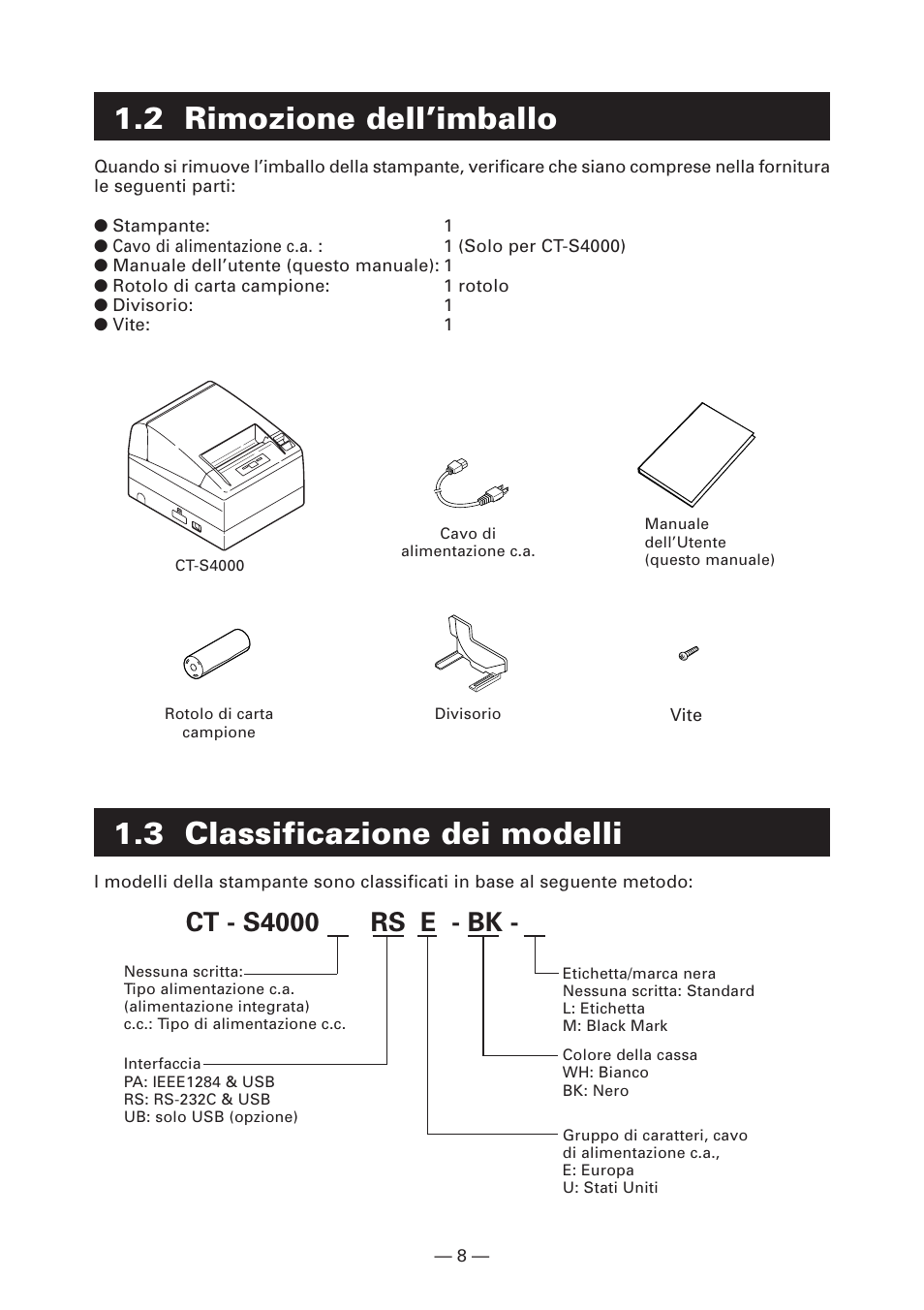 2 rimozione dell’imballo, 3 classificazione dei modelli, Ct - s4000 rs e - bk | CITIZEN CT-S4000DC User Manual | Page 89 / 136