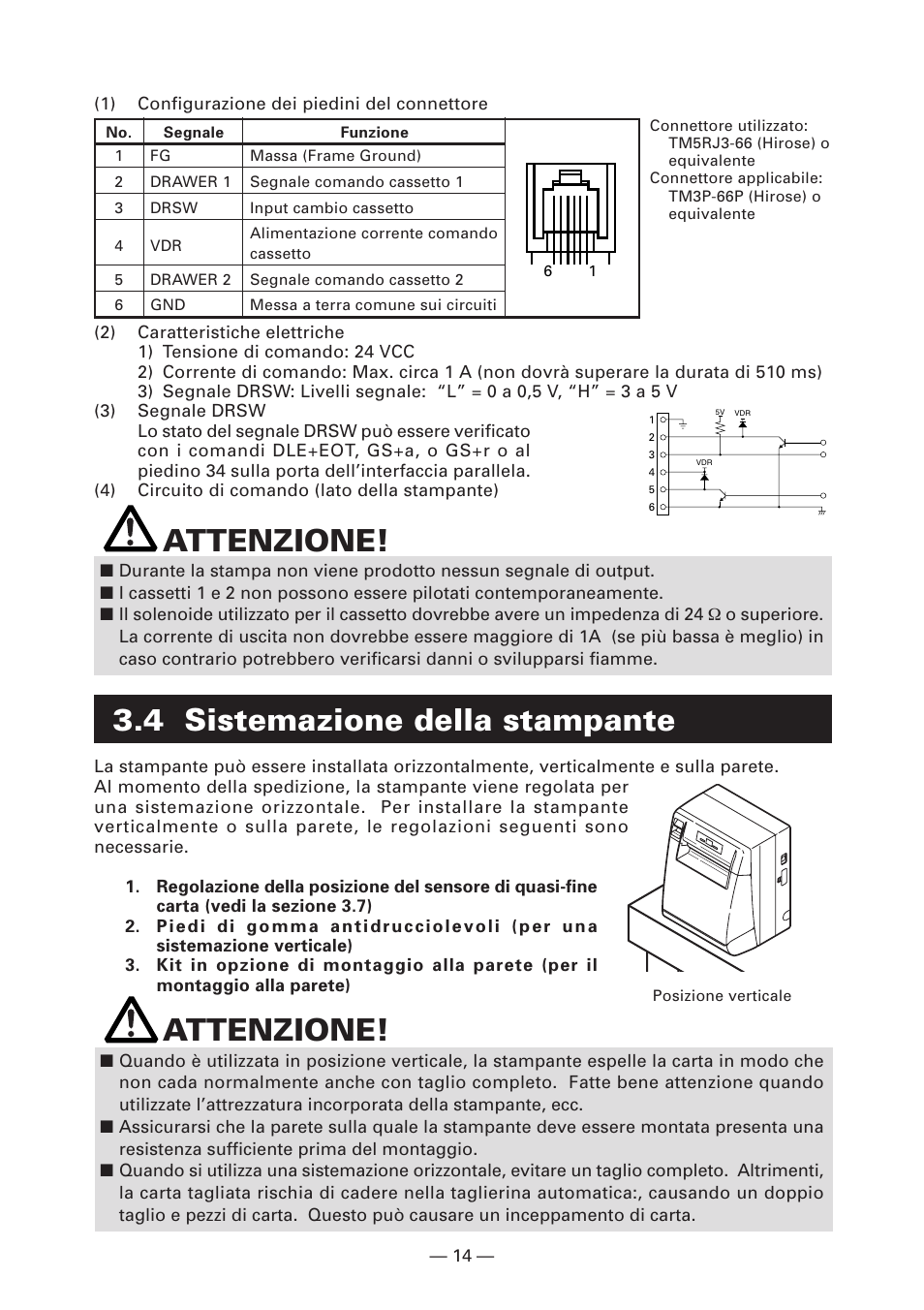 4 sistemazione della stampante, Attenzione | CITIZEN CT-S4000DC User Manual | Page 95 / 136