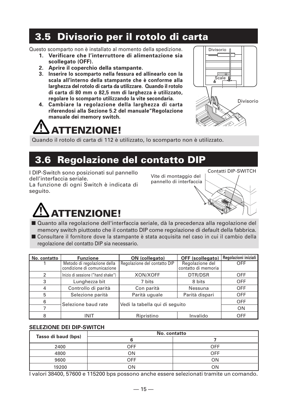 5 divisorio per il rotolo di carta, 6 regolazione del contatto dip, 6 regolazione del contatto dip attenzione | Attenzione | CITIZEN CT-S4000DC User Manual | Page 96 / 136