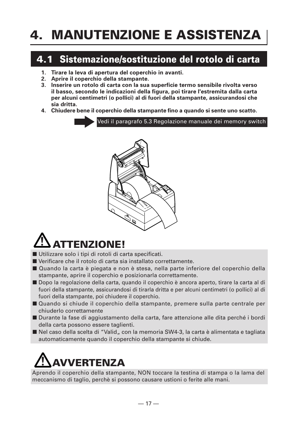 Manutenzione e assistenza, 1 sistemazione/sostituzione del rotolo di carta, Attenzione | Avvertenza | CITIZEN CT-S4000DC User Manual | Page 98 / 136