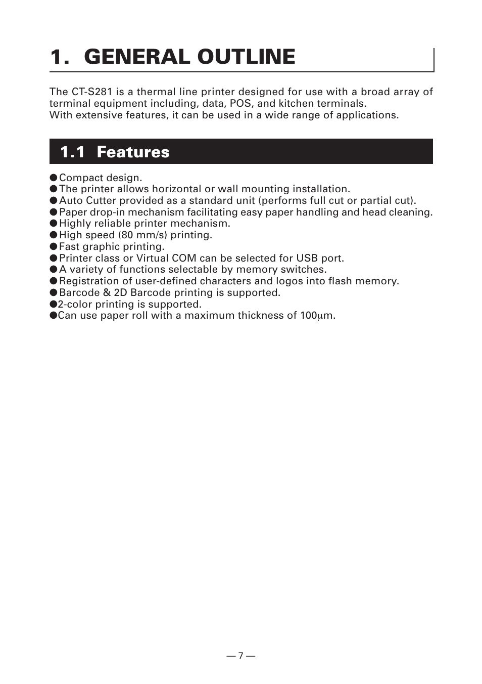 General outline, 1 features | CITIZEN CT-S281 User Manual | Page 10 / 144