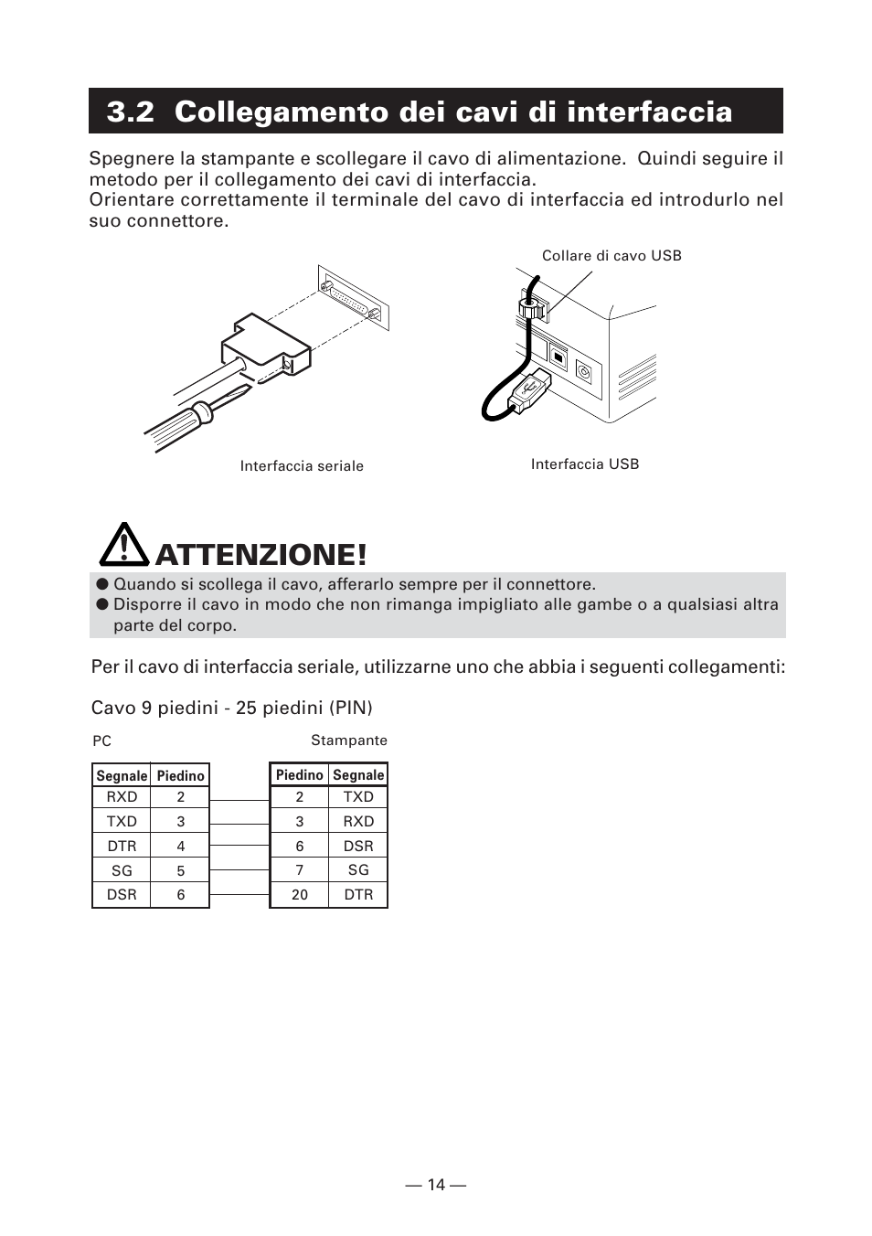 2 collegamento dei cavi di interfaccia, Attenzione | CITIZEN CT-S281 User Manual | Page 101 / 144