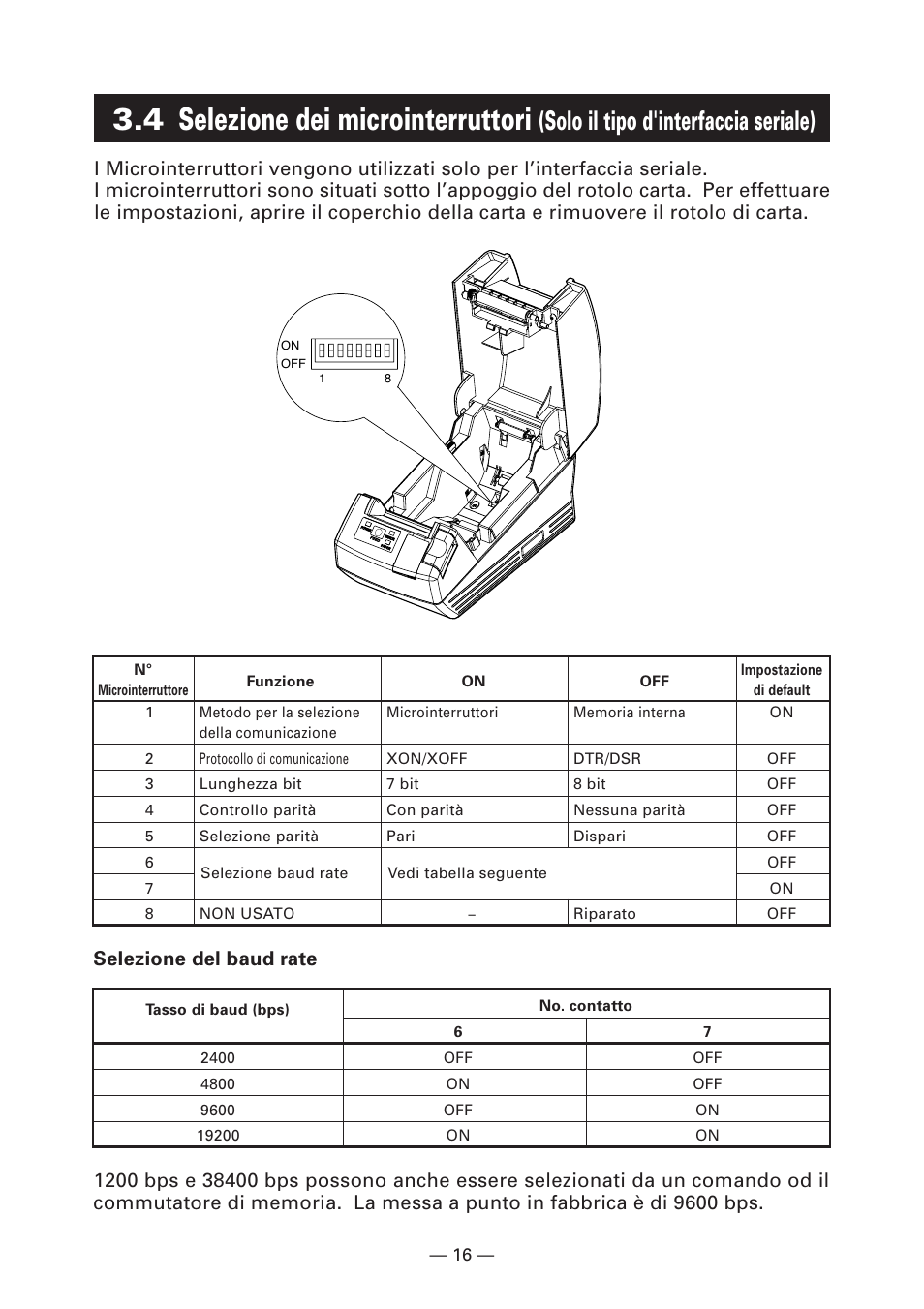 4 selezione dei microinterruttori, Solo il tipo d'interfaccia seriale), Selezione del baud rate | CITIZEN CT-S281 User Manual | Page 103 / 144