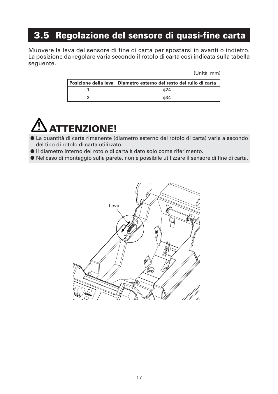 5 regolazione del sensore di quasi-fine carta, Attenzione | CITIZEN CT-S281 User Manual | Page 104 / 144