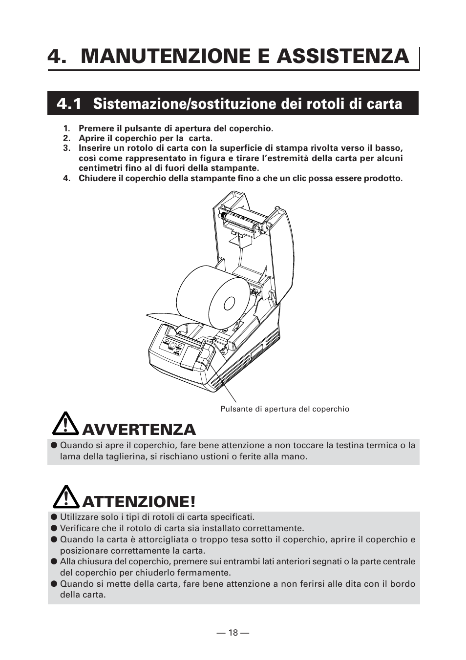 Manutenzione e assistenza, 1 sistemazione/sostituzione dei rotoli di carta, Avvertenza | Attenzione | CITIZEN CT-S281 User Manual | Page 105 / 144