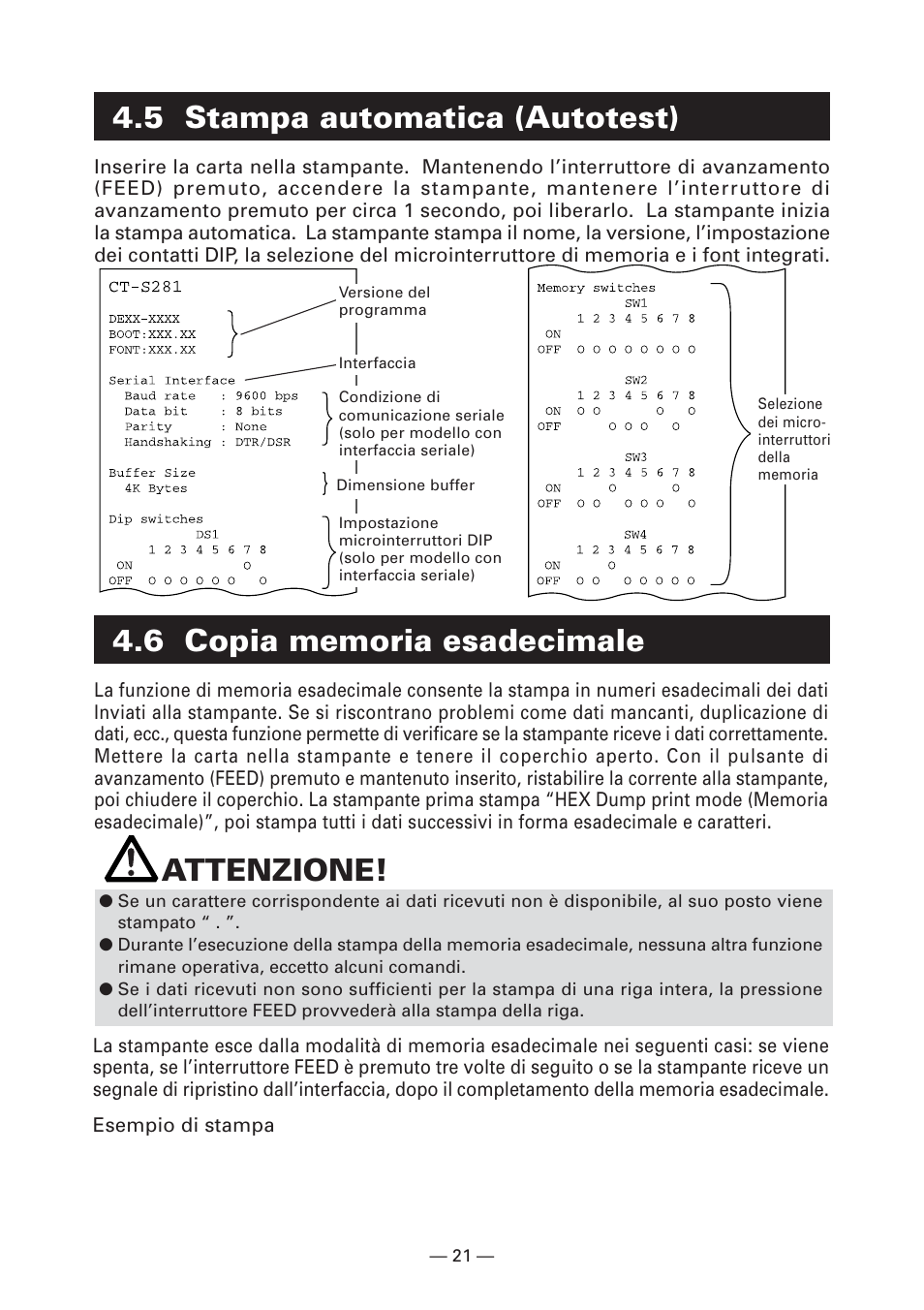 5 stampa automatica (autotest), 6 copia memoria esadecimale, Attenzione | CITIZEN CT-S281 User Manual | Page 108 / 144