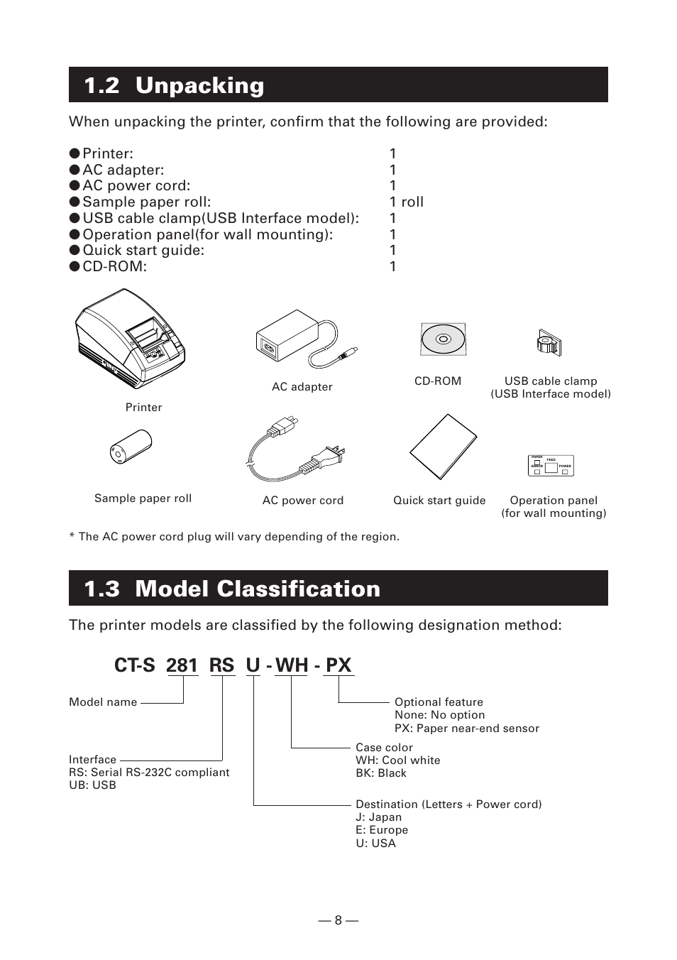 2 unpacking, 3 model classification, Ct-s 281 rs u - wh - px | CITIZEN CT-S281 User Manual | Page 11 / 144