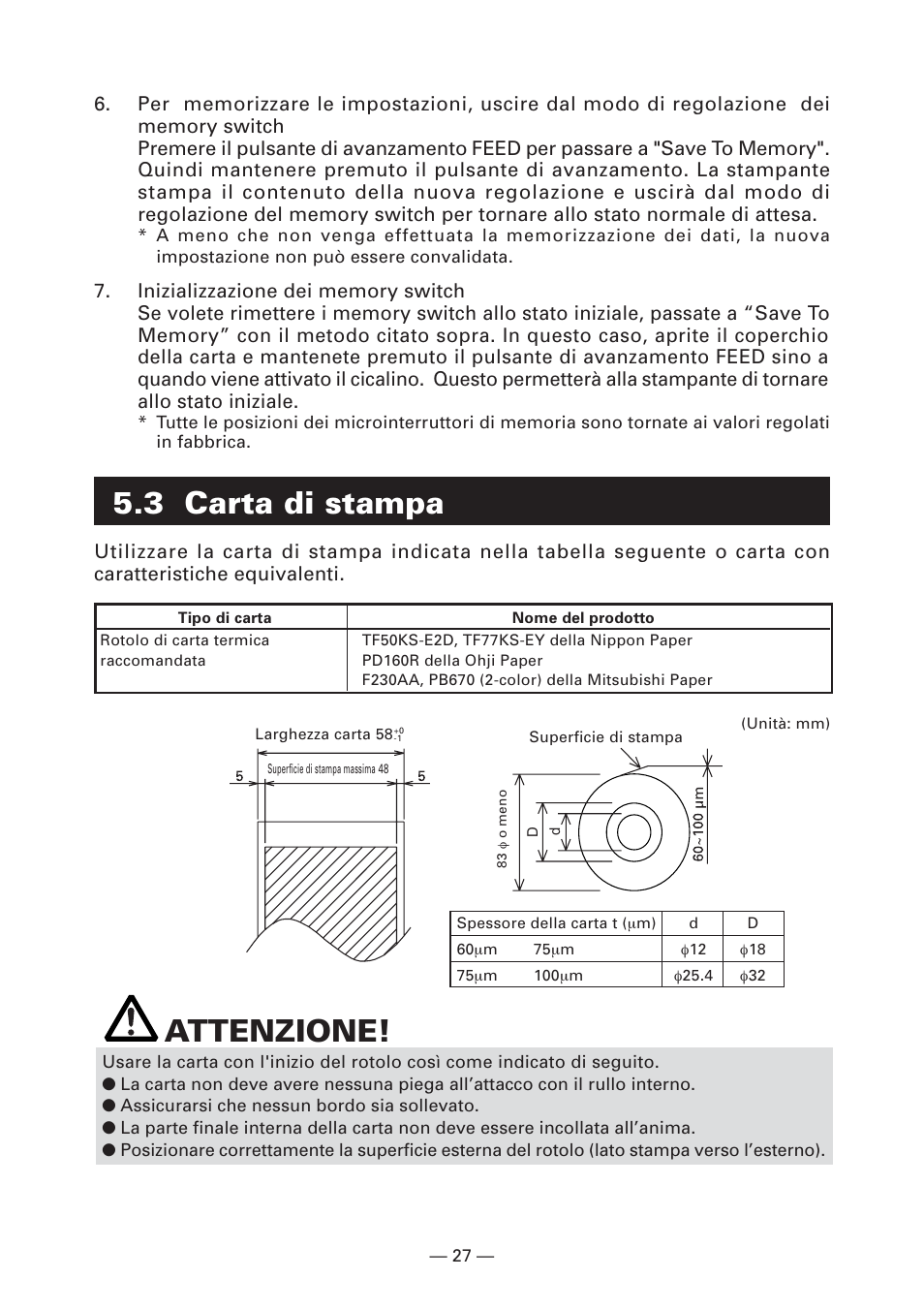 3 carta di stampa, Attenzione | CITIZEN CT-S281 User Manual | Page 114 / 144