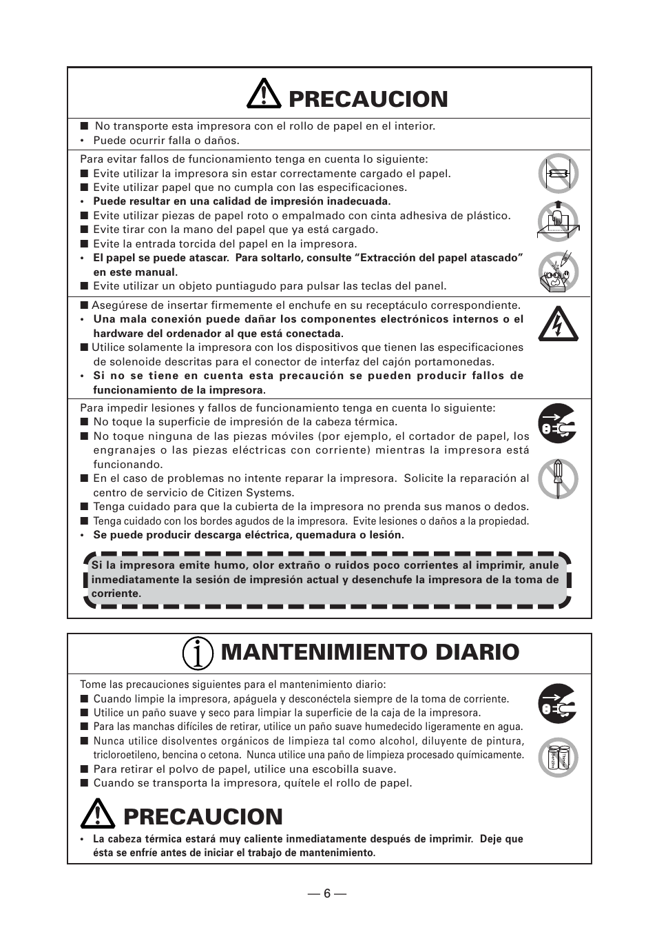 Precaucion, Mantenimiento diario precaucion | CITIZEN CT-S281 User Manual | Page 121 / 144