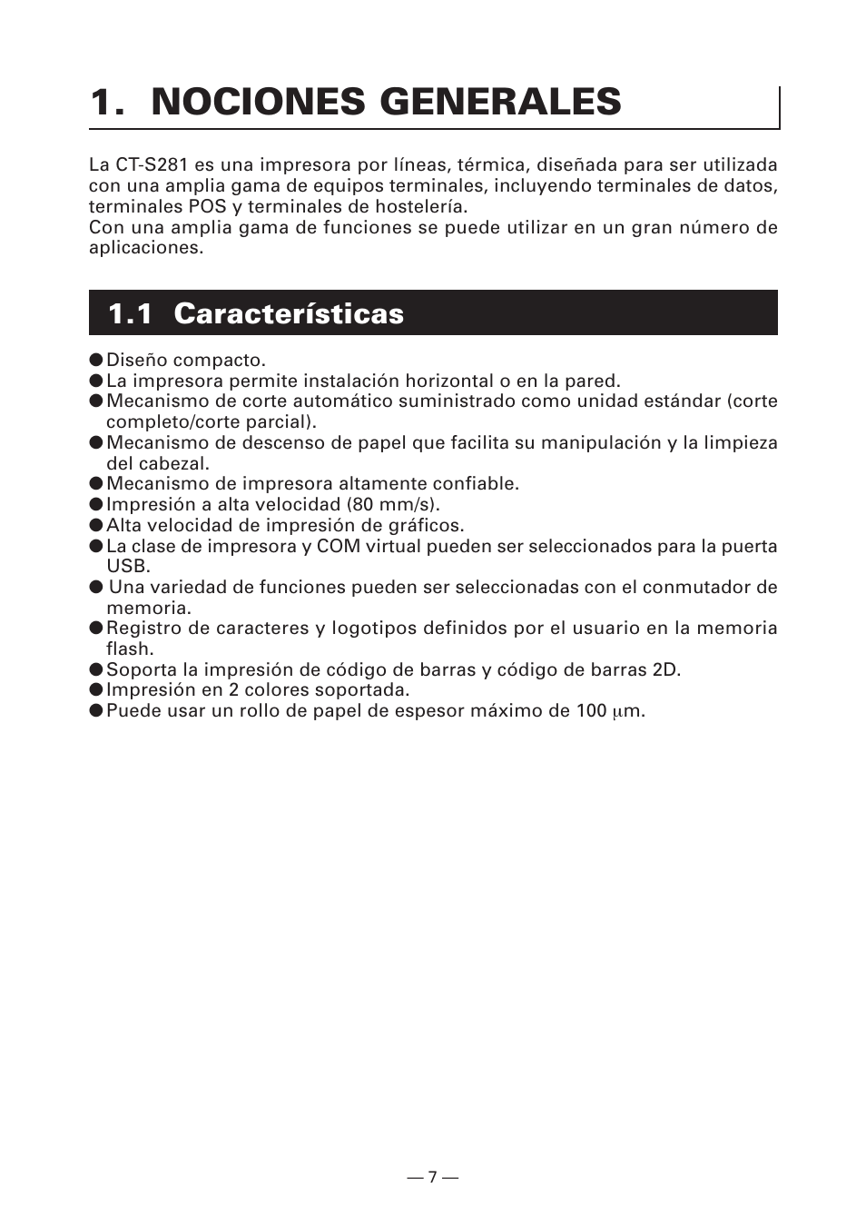 Nociones generales, 1 características | CITIZEN CT-S281 User Manual | Page 122 / 144