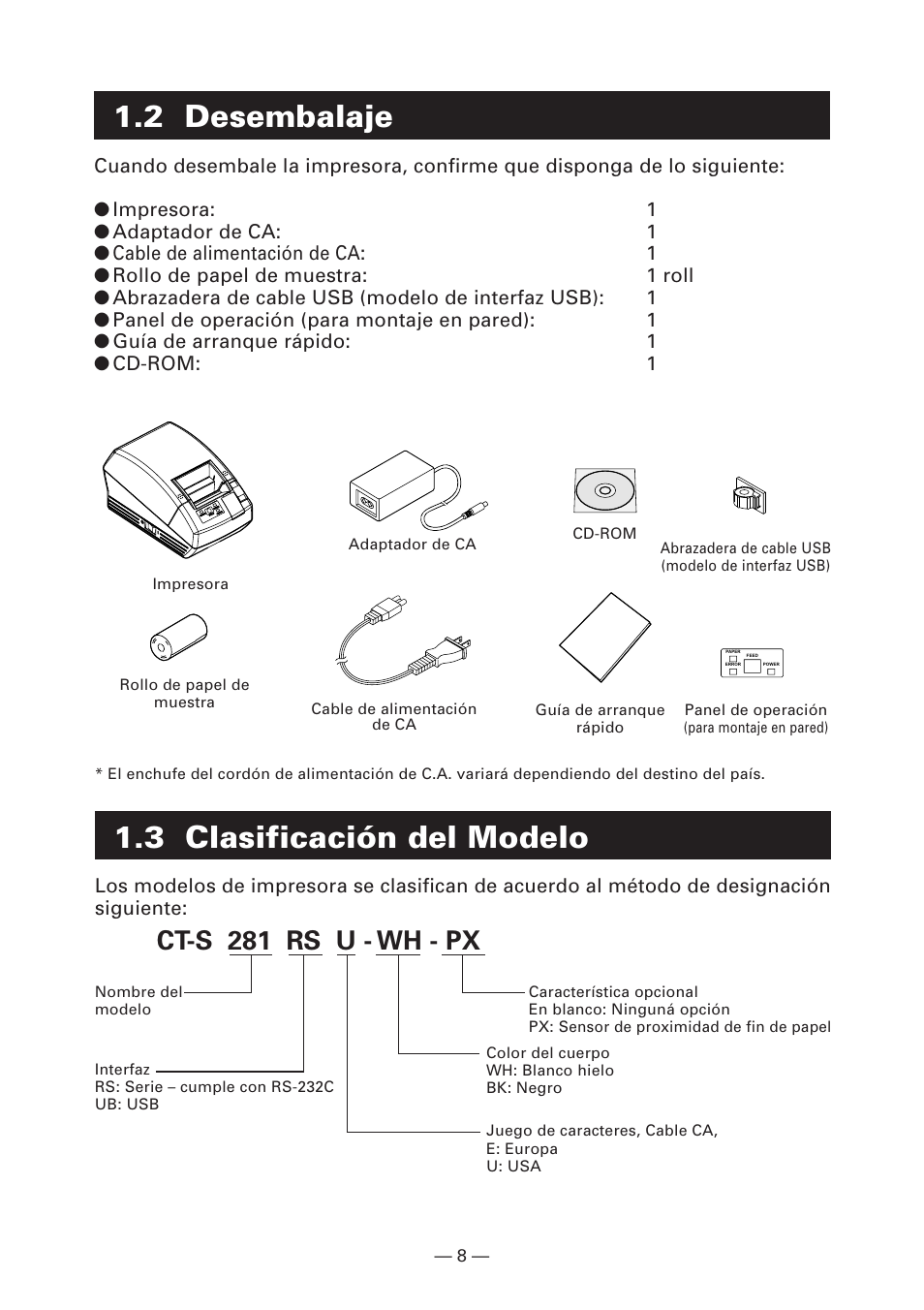 2 desembalaje, 3 clasificación del modelo, Ct-s 281 rs u - wh - px | CITIZEN CT-S281 User Manual | Page 123 / 144