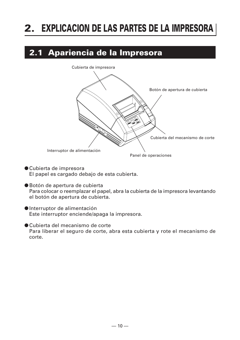 Explicacion de las partes de la impresora, 1 apariencia de la impresora | CITIZEN CT-S281 User Manual | Page 125 / 144